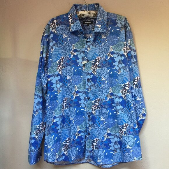 Jared Lang Men's XL Blue Cotton Leaf Printed Button Up Casual Shirt Long Sleeve